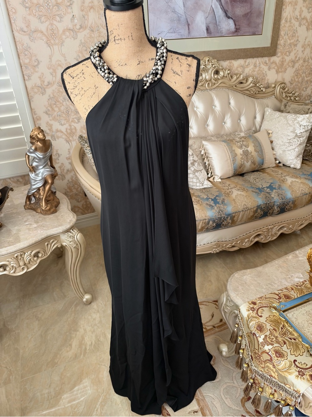 Calvin Klein Black Halter Maxi Dress with Beaded Neckline